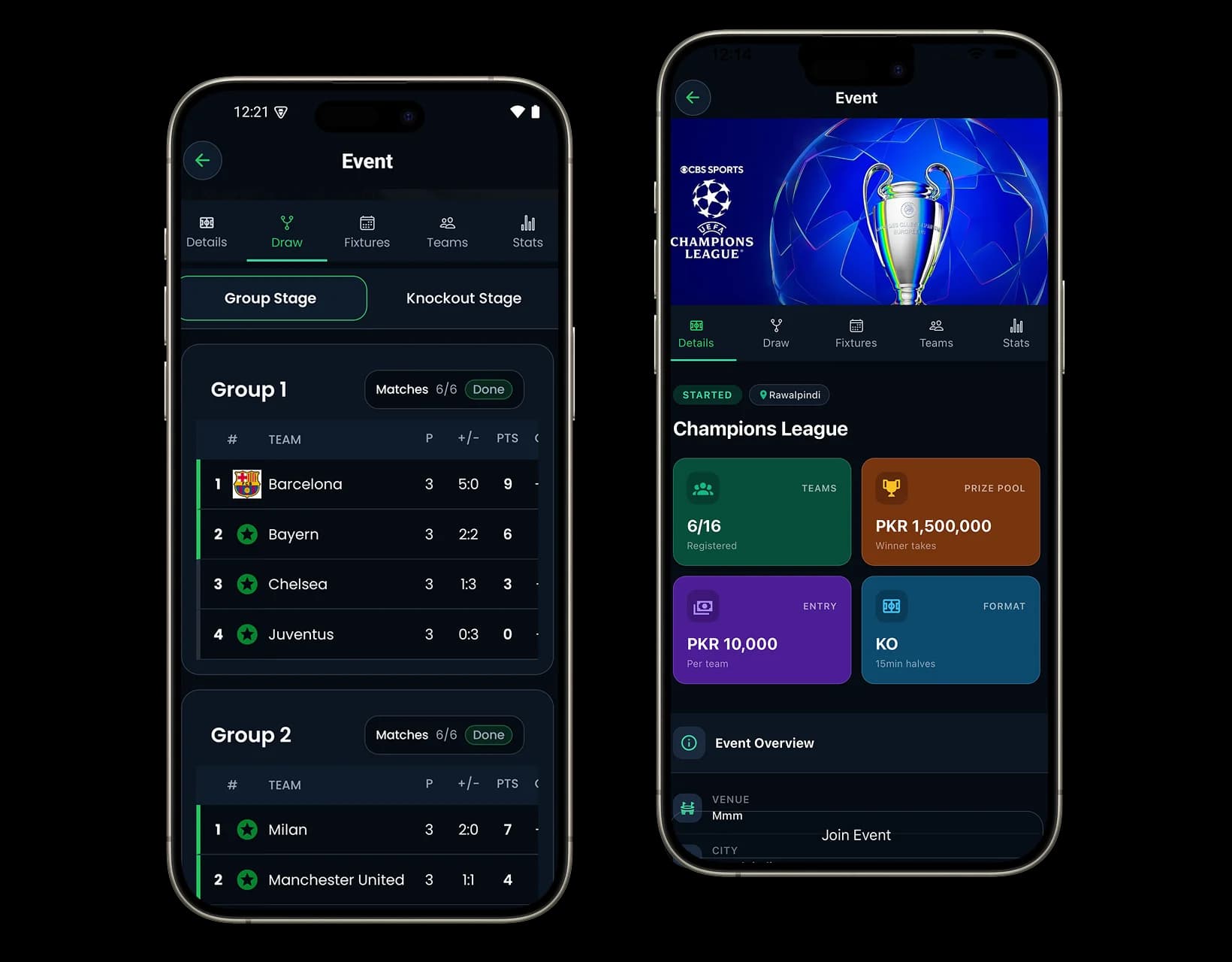Jazba app screens, tournament brackets, match results, and team management